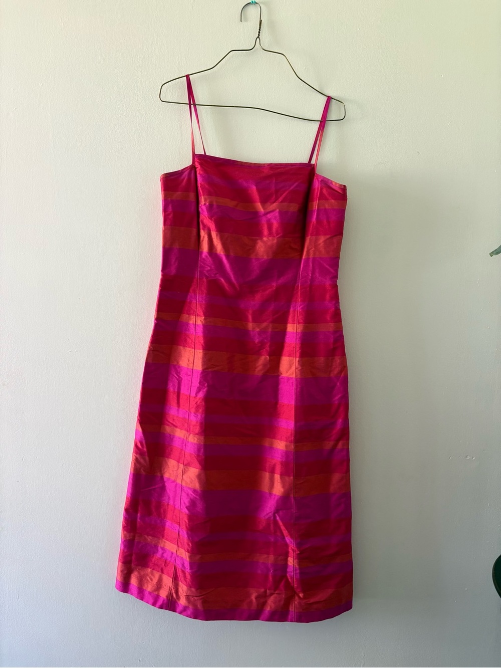 100% Silk Women’s Ann Taylor Fuchsia & Orange Striped Spaghetti Strap Dress